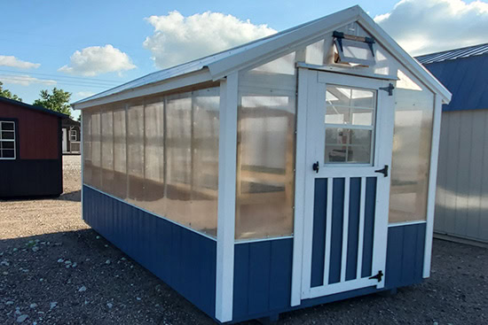 Blue and white greenhouse